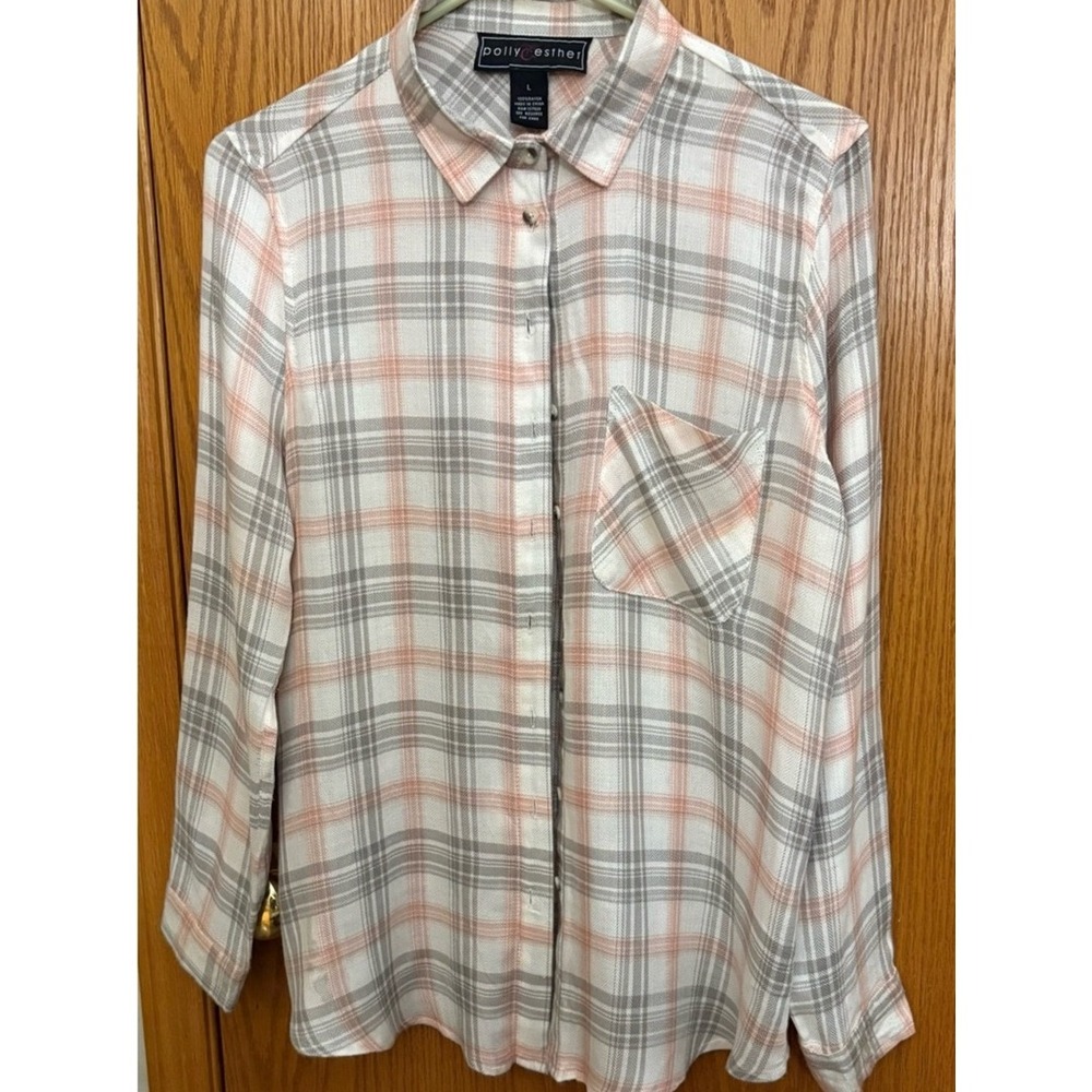 Polly & Esther Cream, Gray & Peach Plaid Button-Up Top